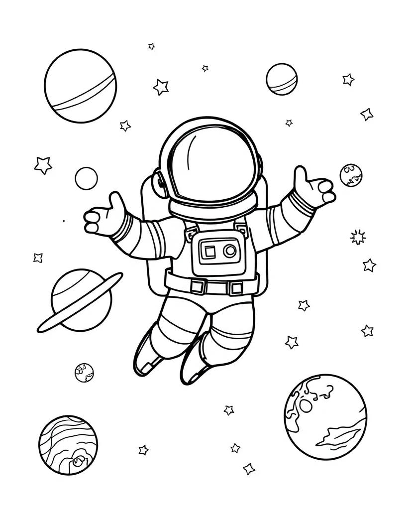 Space Explorer — AI-generated kids coloring book page in the space theme