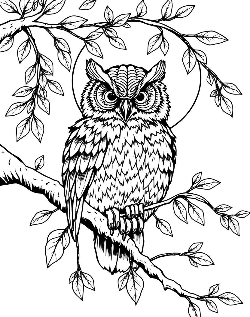 Moonlit Owl — AI-generated adult coloring book page in the animals theme