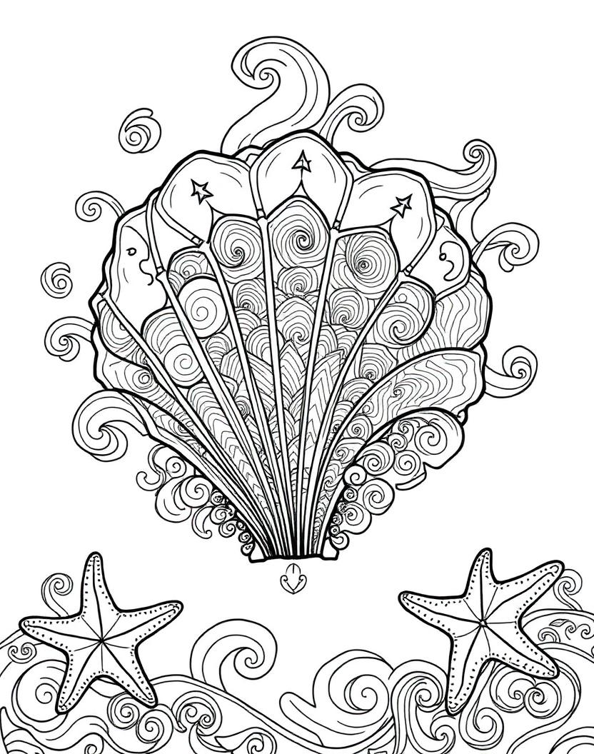 Seashell Swirls — AI-generated adult coloring book page in the ocean theme