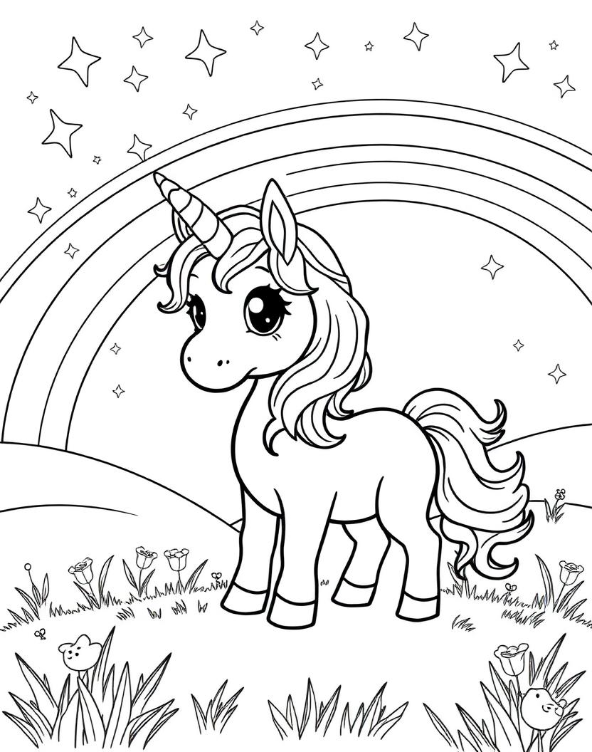 Unicorn Meadow — AI-generated kids coloring book page in the fantasy theme